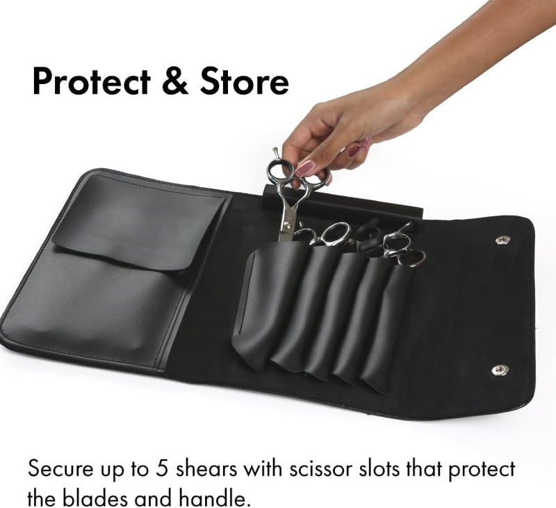 Tokko Katana Professional Shear Case – Black Textured Leatherette 5-Slot Holder for Hair Cutting Shears, Scissors & Combs – Snap Closure, Portable & Protective Folding Pouch for Stylists & Barbers - Image 2